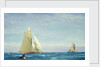 A large sloop yacht and a barge by John Fraser