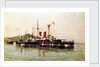 HMS 'Howe' being towed into Emsenanda de la Malata by HMS 'Seahorse' with salvage steamers alongside by A. Sanz