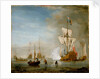 Calm: an English ketch rigged yacht, thought to be the Isabella, with other ships and vessels near the shore by Peter Monamy