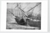 Bow view of two unidentified vessels at low tide by unknown