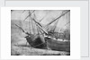 Bow view of two unidentified vessels at low tide by unknown