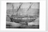Broadside view of two unidentified vessels at low tide by unknown