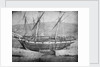 Broadside view of two unidentified vessels at low tide by unknown