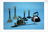 Copper kettle, brass candlesticks, tobacco cutter, toasting fork by Albert Edward Jew