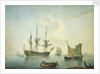 A third-rate, a frigate, a fishing lugger and other craft off shore in a calm by Nicholas Pocock
