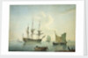 A third-rate, a frigate, a fishing lugger and other craft off shore in a calm by Nicholas Pocock