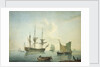 A third-rate, a frigate, a fishing lugger and other craft off shore in a calm by Nicholas Pocock