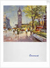 Front cover of Cunard menu featuring Big Ben and a red London bus by unknown
