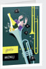 Front cover of gala menu from SS 'Strathmore', depicting trumpet and champagne by Daphne Padden