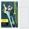 Front cover of gala menu from SS 'Strathmore', depicting trumpet and champagne by Daphne Padden