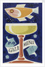 Front cover of P&O gala menu, depicting fish and glass by Daphne Padden