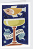 Front cover of P&O gala menu, depicting fish and glass by Daphne Padden
