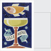 Front cover of P&O gala menu, depicting fish and glass by Daphne Padden