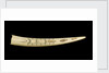 A cribbage board and two pegs, carved from a walrus tusk with a polar bear, walrus head, and three seals carved in relief by Inuit