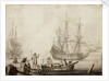 Men in a boat near two Dutch ships by Experiens Sillemans