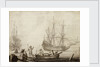 Men in a boat near two Dutch ships by Experiens Sillemans
