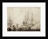 Men in a boat near two Dutch ships by Experiens Sillemans