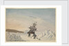 A ship stuck in the ice with two members of crew fixing the ship into ice with four fastenings by Edward Newell Harrison