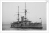 Battleship HMS 'Goliath' (1898), at anchor with awning rigged by unknown