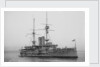 Battleship HMS 'Goliath' (1898), at anchor with awning rigged by unknown