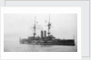 Battleship HMS 'Goliath' (1898), at anchor with awning rigged by unknown
