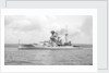 Battleship HMS 'Warspite' (1913) at anchor, with awning rigged aft by unknown