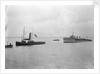 Rescue tug HMS 'Vanquisher' (1899) entering the floating dock at Harwich with the mined destroyer 'Thisbe' (1917) in tow by unknown