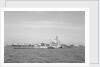 Aircraft carrier HMS 'Illustrious' (1939) in June 1953, anchored in Line F at Spithead for the Coronation Review. The aircraft lighter 'R.N.AIR' is alongside by unknown