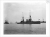 Battlecruiser HMS 'Inflexible' (1907) at anchor at Spithead, with awning rigged amidships by unknown
