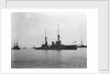 Battlecruiser HMS 'Inflexible' (1907) at anchor at Spithead, with awning rigged amidships by unknown