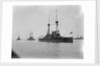 Battleship HMS 'Agamemnon' (1906) at anchor at Spithead, with awning rigged aft and 'Lord Nelson' astern of her by unknown