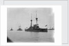 Battleship HMS 'Agamemnon' (1906) at anchor at Spithead, with awning rigged aft and 'Lord Nelson' astern of her by unknown