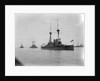Battleship HMS 'Agamemnon' (1906) at anchor at Spithead, with awning rigged aft and 'Lord Nelson' astern of her by unknown