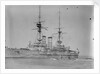 Battleship HMS 'Queen' (1902) at anchor at Spithead, with awning rigged aft by unknown