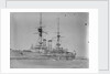 Battleship HMS 'Queen' (1902) at anchor at Spithead, with awning rigged aft by unknown