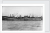 A starboard broadside view of the tanker 'British Prestige' (1931) lying in port, alongside other vessels by unknown