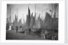 A view from the wooden quay at Lowestoft, Suffolk, looking across the trawl basin filled with a large number of sailing trawlers by Smiths Suitall Ltd.
