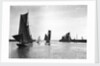 The trawler 'Roma' (1906) [LT410] with an unidentified trawler sailing out of the outer harbour at Lowestoft, Suffolk by Smiths Suitall Ltd.