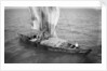 Indigenous boat at sea, laden with sacks by unknown