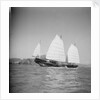 A starboard side view of a Hong Kong fisher d.w. type junk under sail at Hong Kong by David Watkin Waters