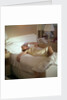 Modern convenience aboard a cruise liner: a female passenger reclines in bed whilst making a phone call; the ship and the conversation's content are unspecified by Marine Photo Service