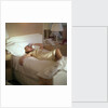 Modern convenience aboard a cruise liner: a female passenger reclines in bed whilst making a phone call; the ship and the conversation's content are unspecified by Marine Photo Service