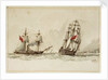 Paddle steamer and warship off a coast by Anonymous