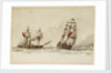 Paddle steamer and warship off a coast by Anonymous