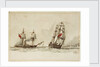 Paddle steamer and warship off a coast by Anonymous