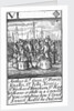 1588 Armada Playing Cards, VI of Diamonds. 'Arthur Ld Grey Sr Francis Knolles, Sr John Norris, Sr Richard Bingham, Sr Rog: Williams & others in a Councell of War, consulting how ye land service should be Ordered' by unknown