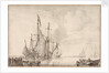 A Dutch flagship becalmed with vessels alongside by Willem Van de Velde the Younger