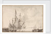 A Dutch flagship becalmed with vessels alongside by Willem Van de Velde the Younger