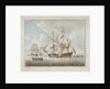 A two-decker at anchor drying sails by Dominic Serres