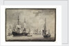 Dutch man-of-war, states yacht and distant shipping in a harbour by Charles Gore
